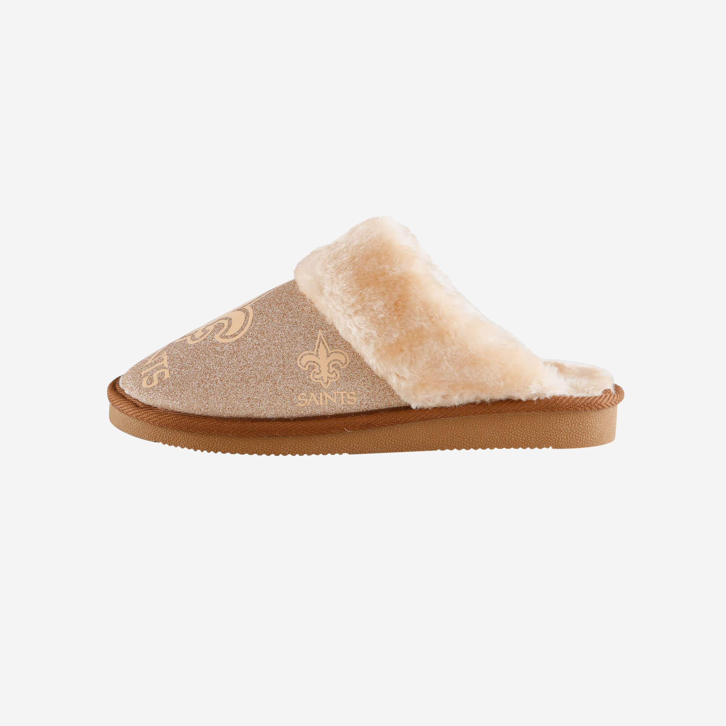 New Orleans Saints Womens Glitter Open Back Fur Moccasin Slipper
