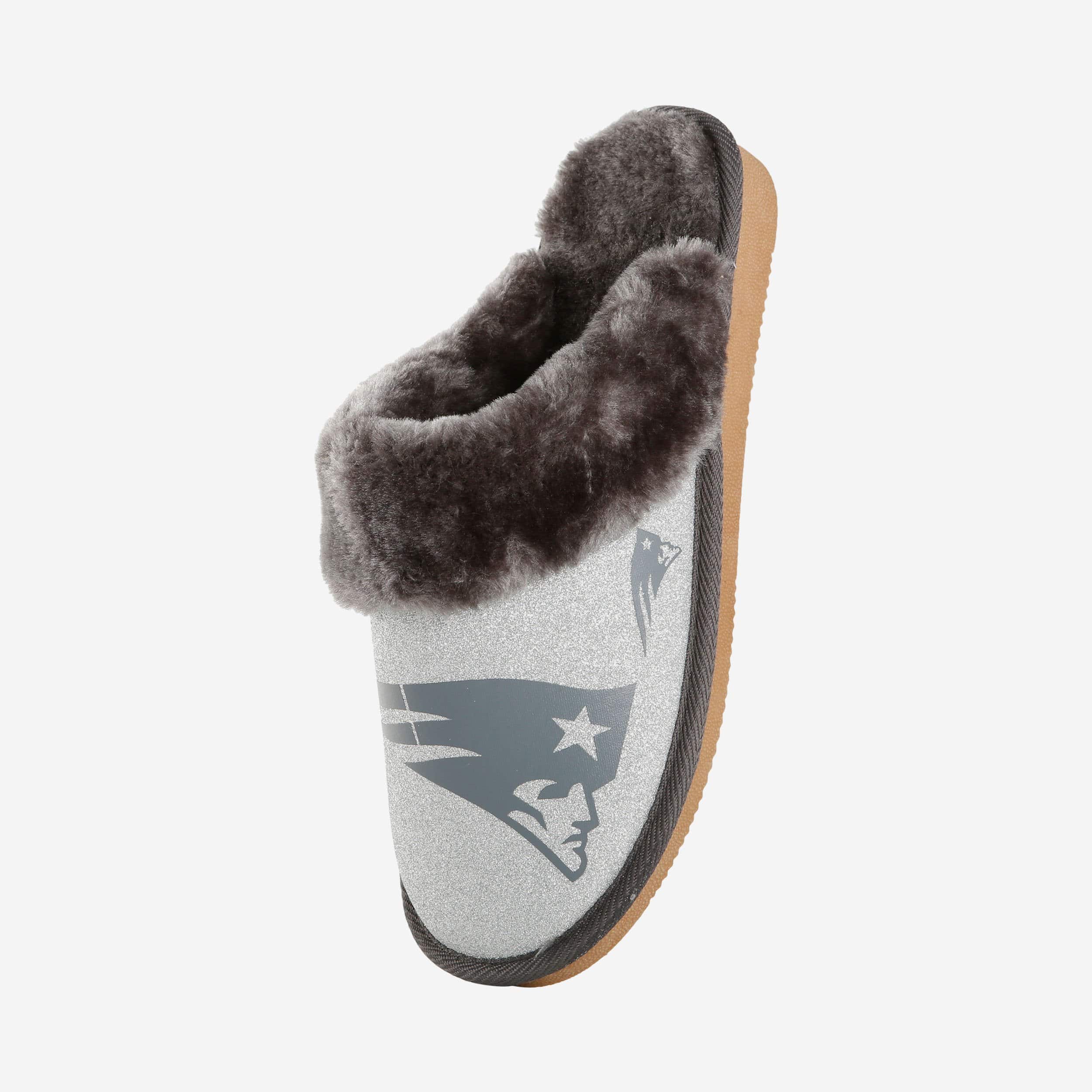 New England Patriots Womens Glitter Open Back Fur Moccasin Slipper 3 New England Patriots Womens Glitter Open Back Fur Moccasin Slipper