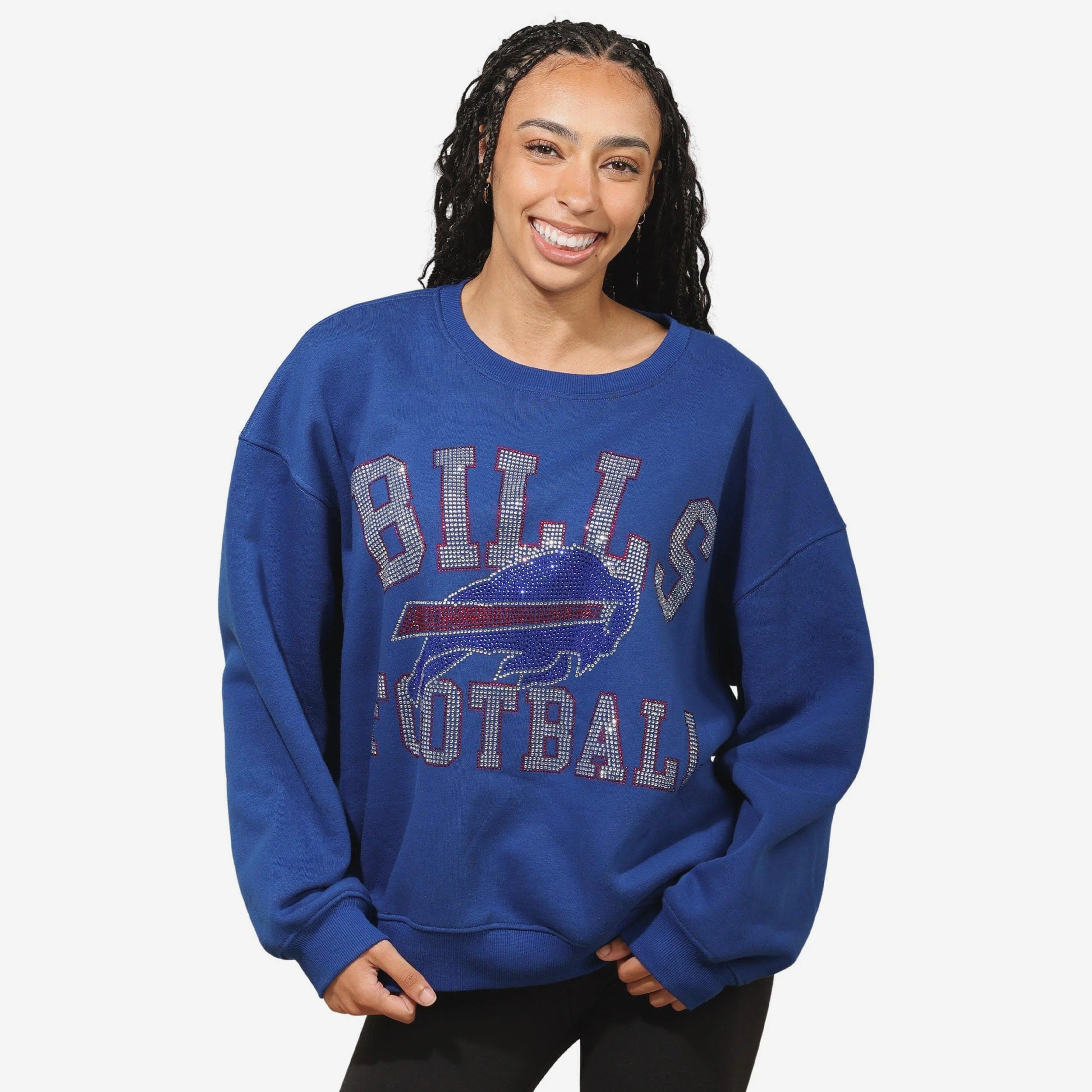 Buffalo Bills Womens Rhinestone Logo Oversized Crew Neck Sweatshirt