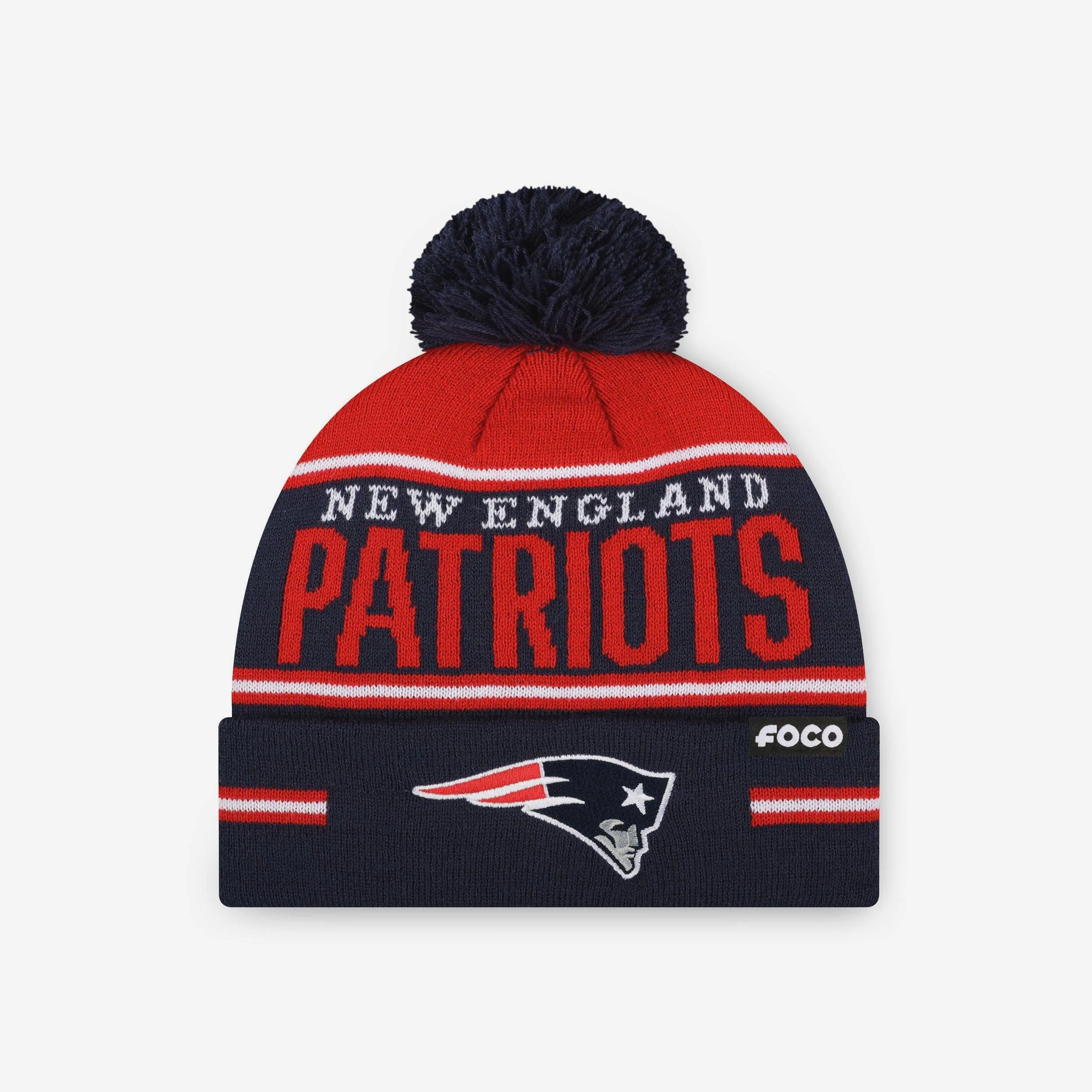 New England Patriots Big Wordmark Stripe Pom Beanie