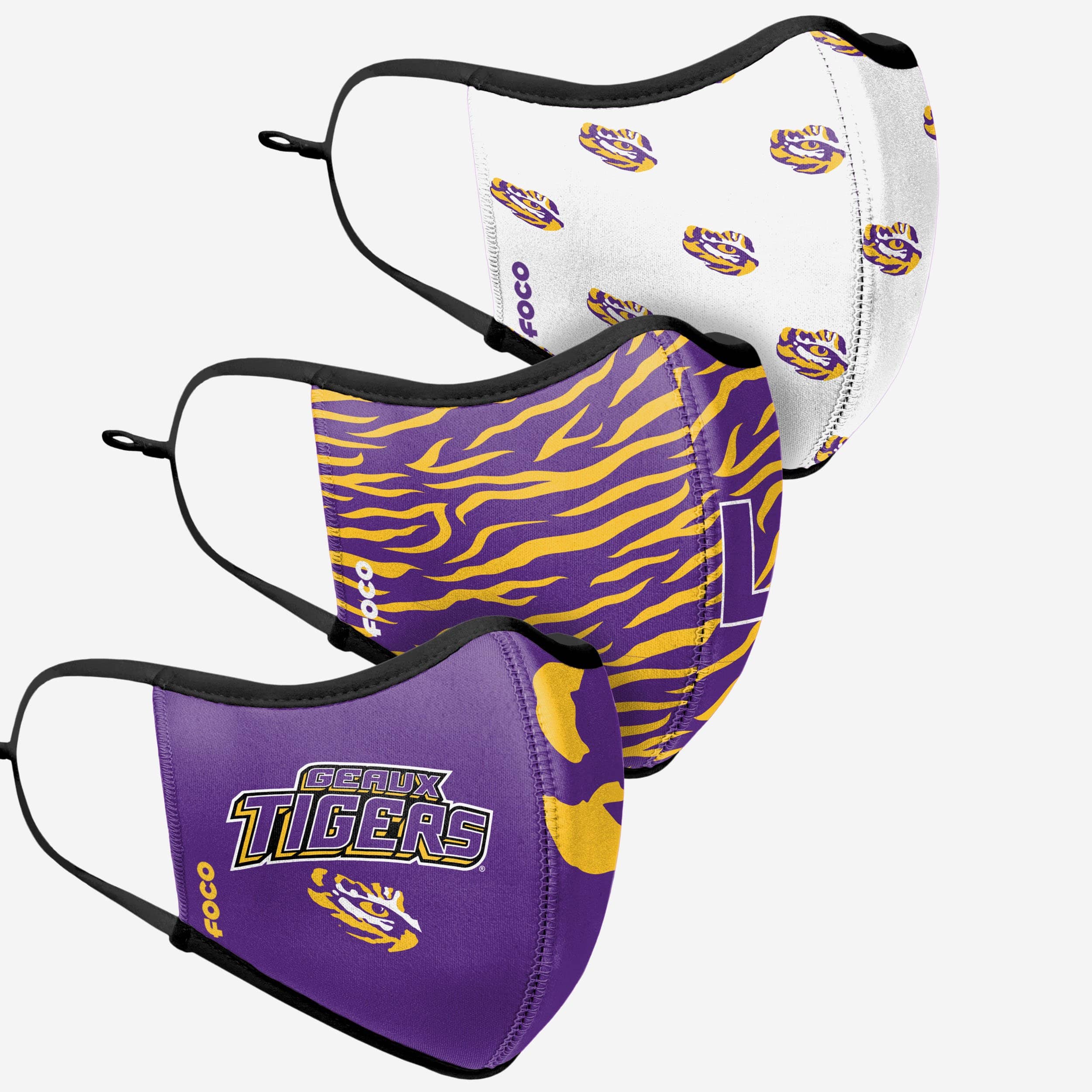 LSU Tigers Thematic Sport 3 Pack Face Cover 3 LSU Tigers Thematic Sport 3 Pack Face Cover