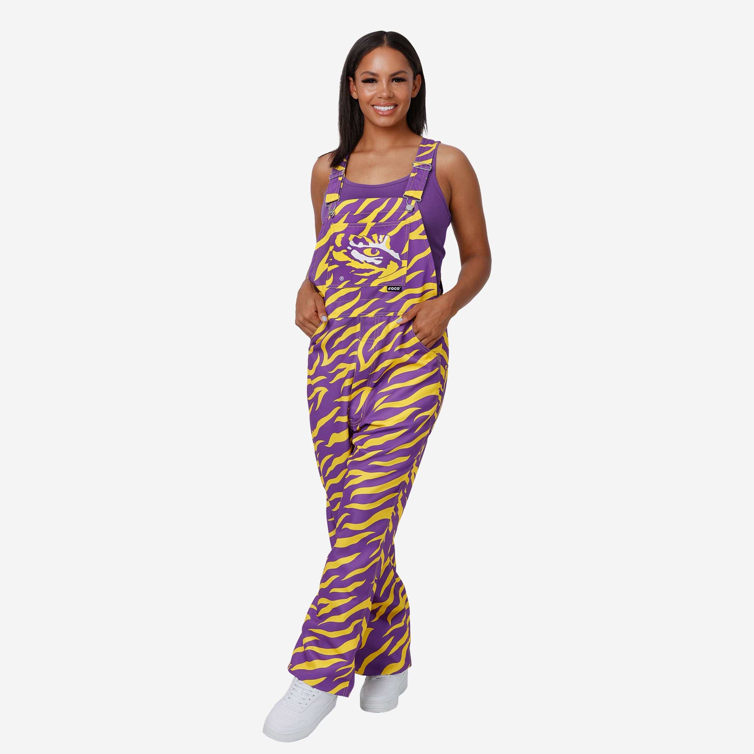 LSU Tigers Womens Tiger Stripe Thematic Bib Overalls 1 LSU Tigers Womens Tiger Stripe Thematic Bib Overalls