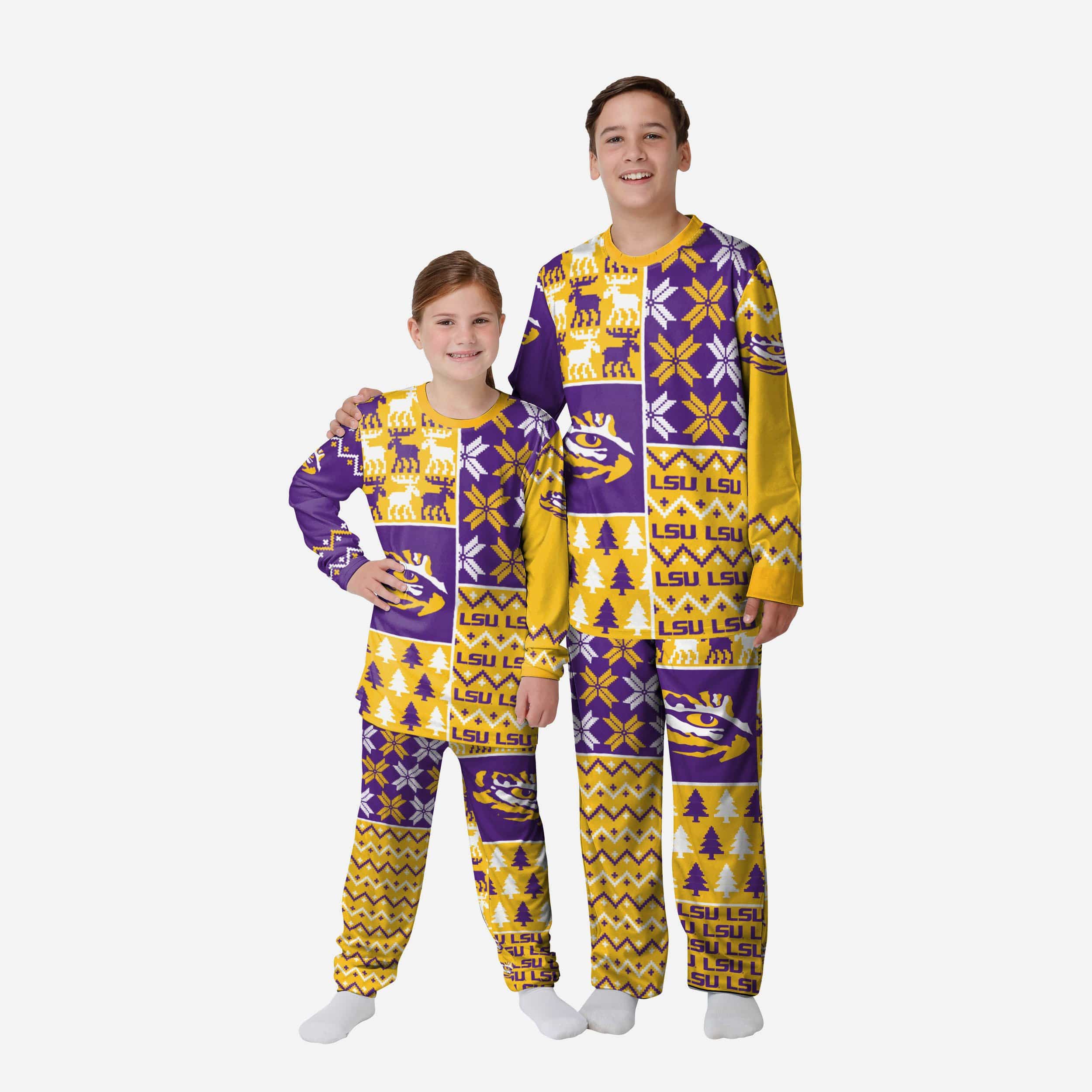 LSU Tigers Youth Busy Block Family Holiday Pajamas 1 LSU Tigers Youth Busy Block Family Holiday Pajamas