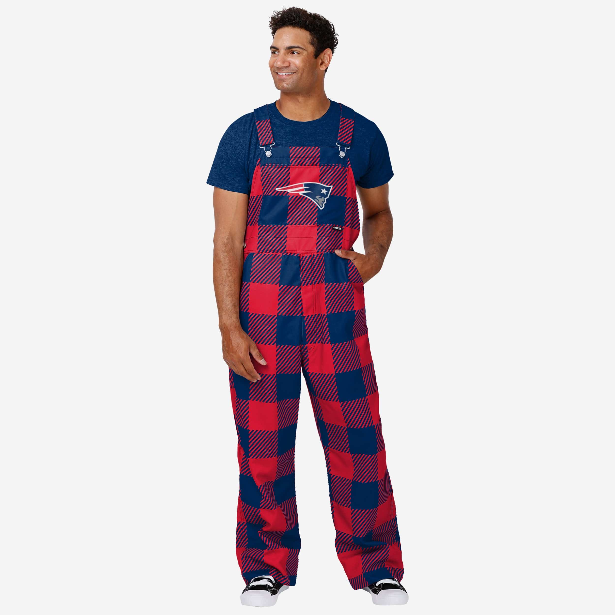 New England Patriots Mens Plaid Bib Overalls