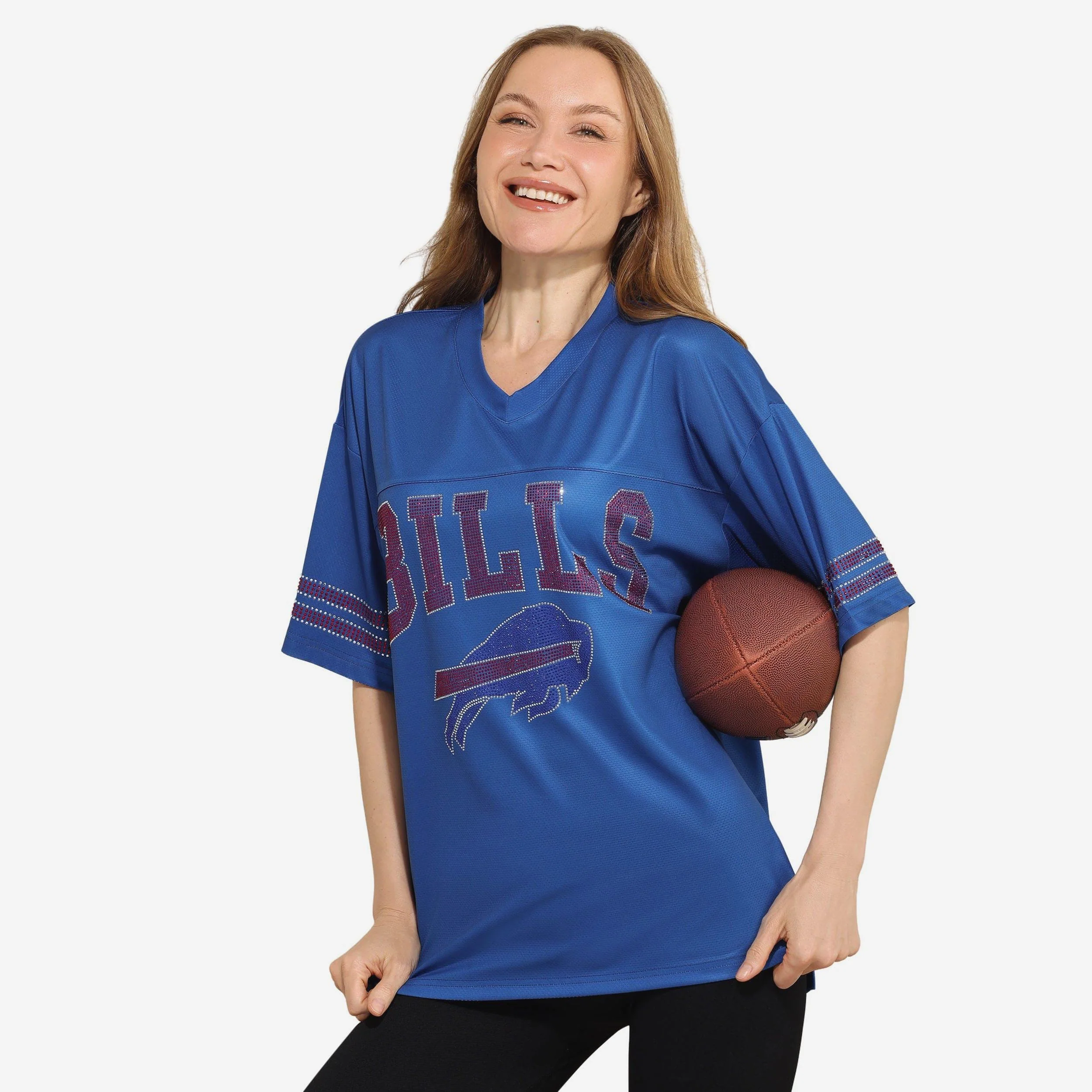 Buffalo Bills Womens Rhinestone Logo Oversized V-Neck Mesh T-Shirt
