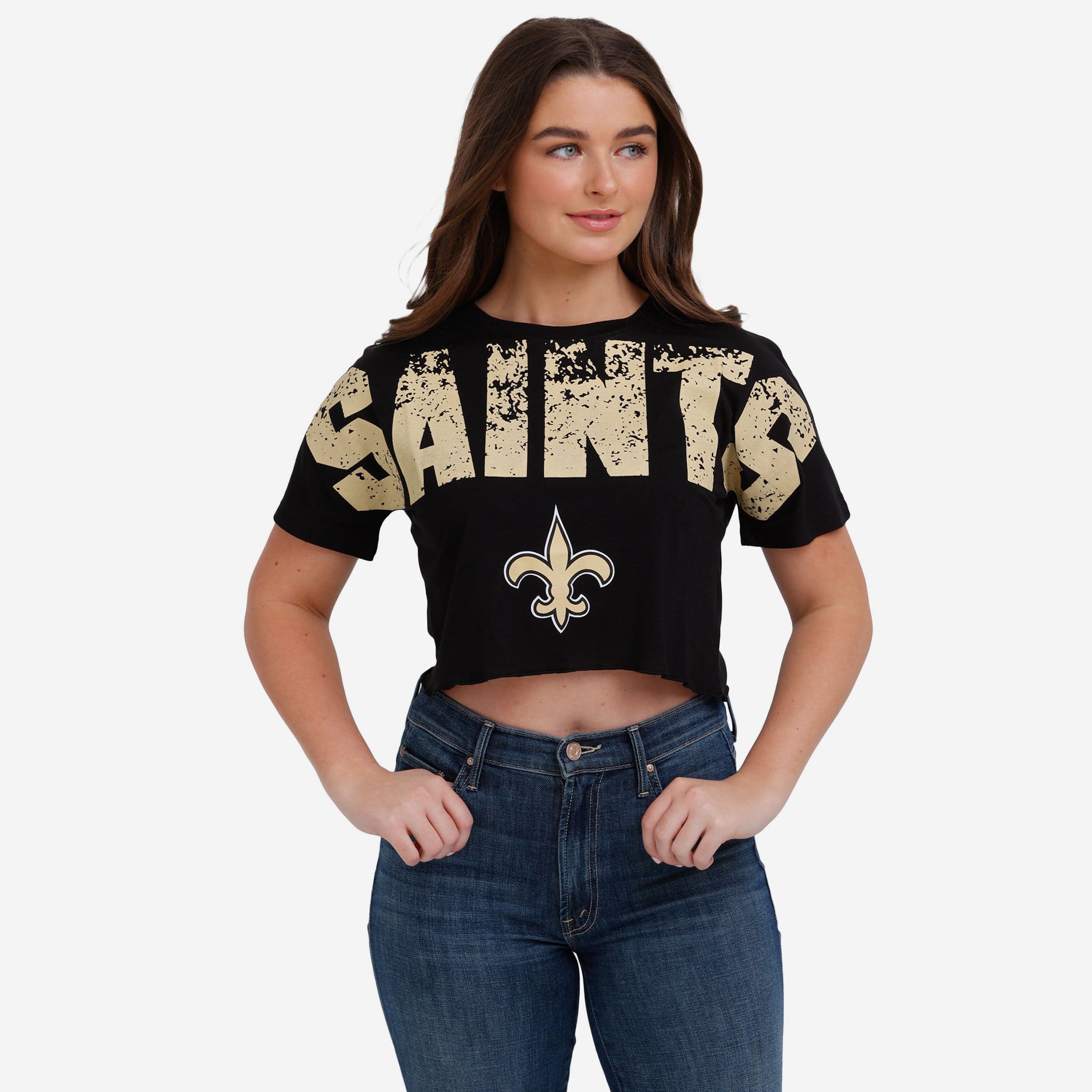 New Orleans Saints Womens Petite Distressed Wordmark Crop Top 1 New Orleans Saints Womens Petite Distressed Wordmark Crop Top
