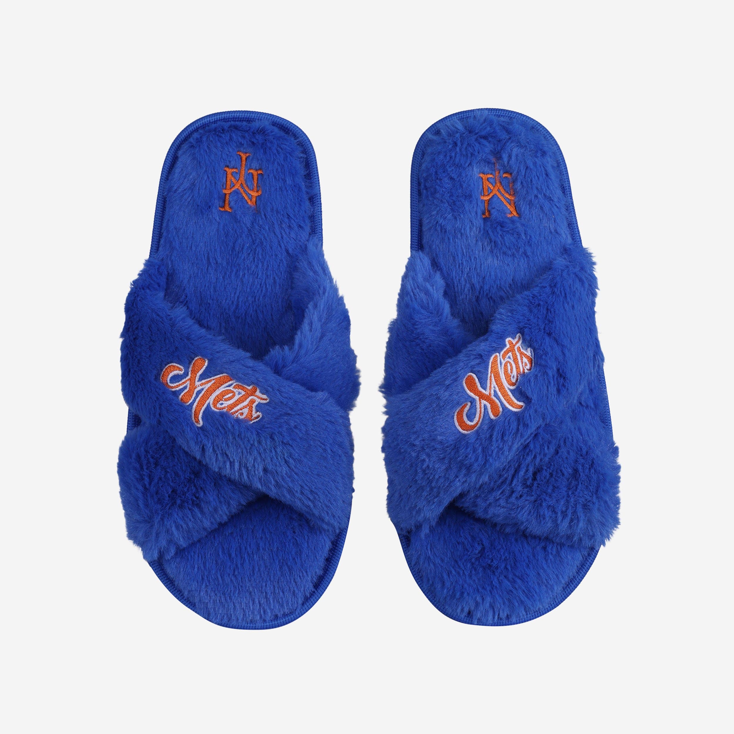 New York Mets Womens Script Wordmark Fur Cross Slide