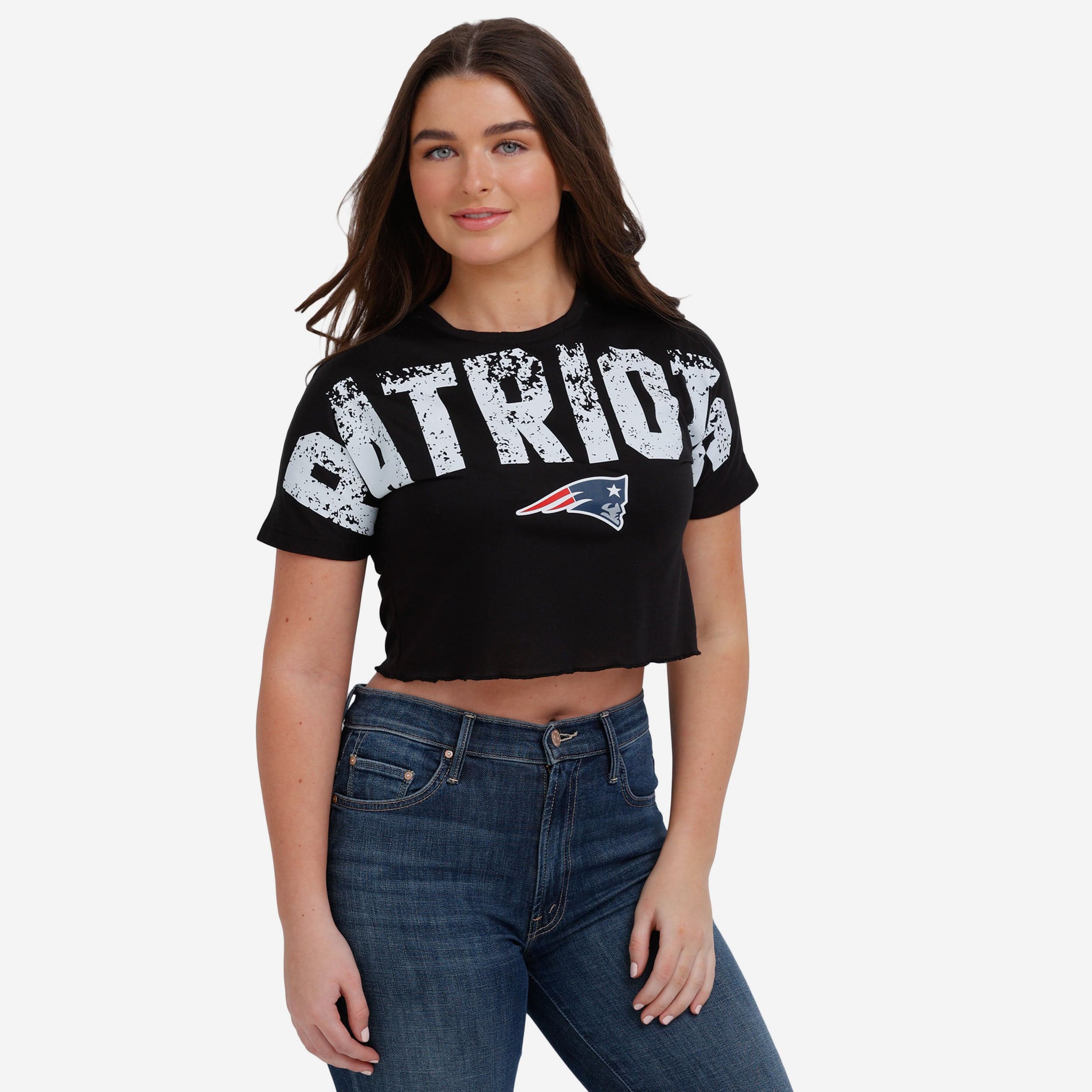 New England Patriots Womens Petite Distressed Wordmark Crop Top
