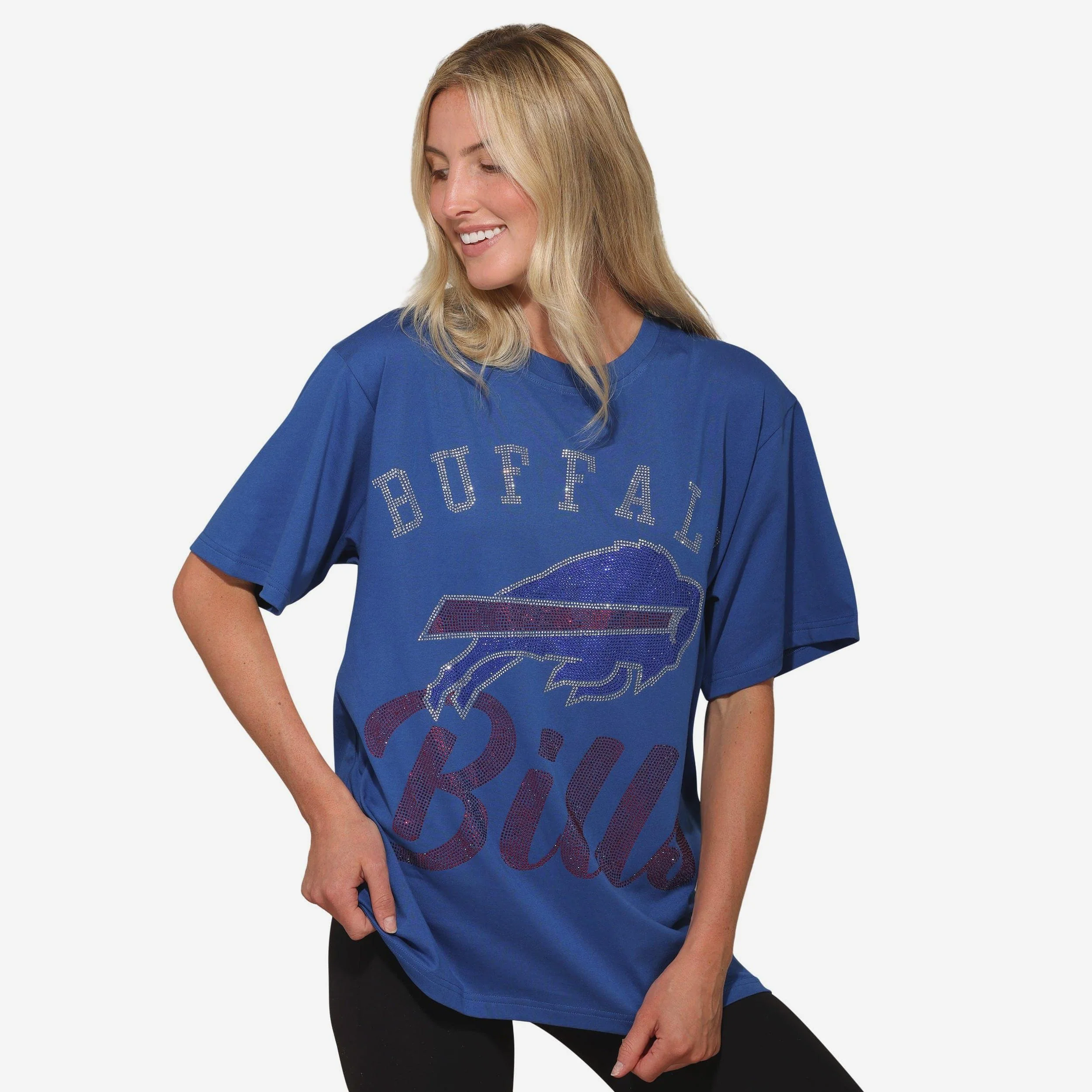 Buffalo Bills Womens Rhinestone Logo Oversized T-Shirt