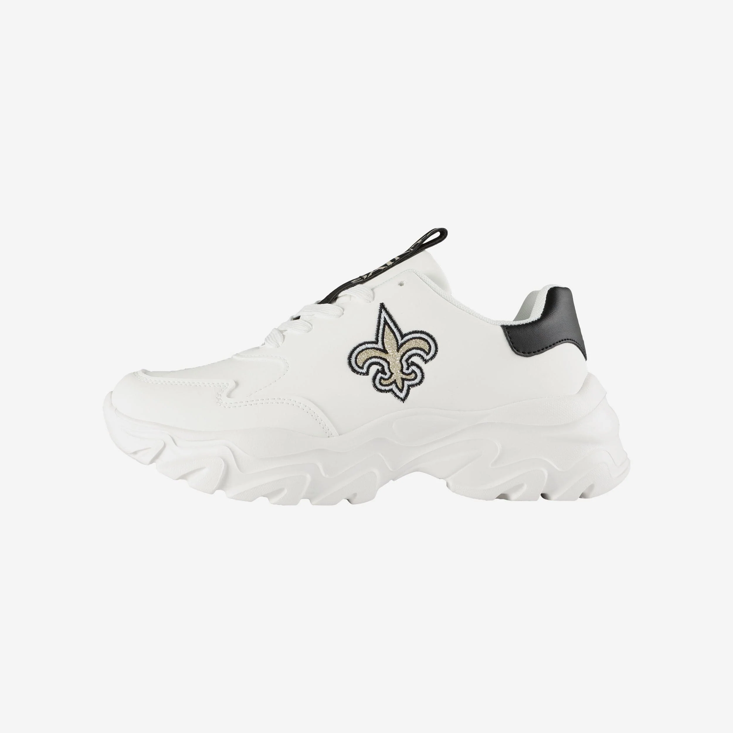 New Orleans Saints Womens Glitter Big Logo Vintage White Chunky Sneaker 1 New Orleans Saints Womens Glitter Big Logo Vintage White Chunky Sneaker