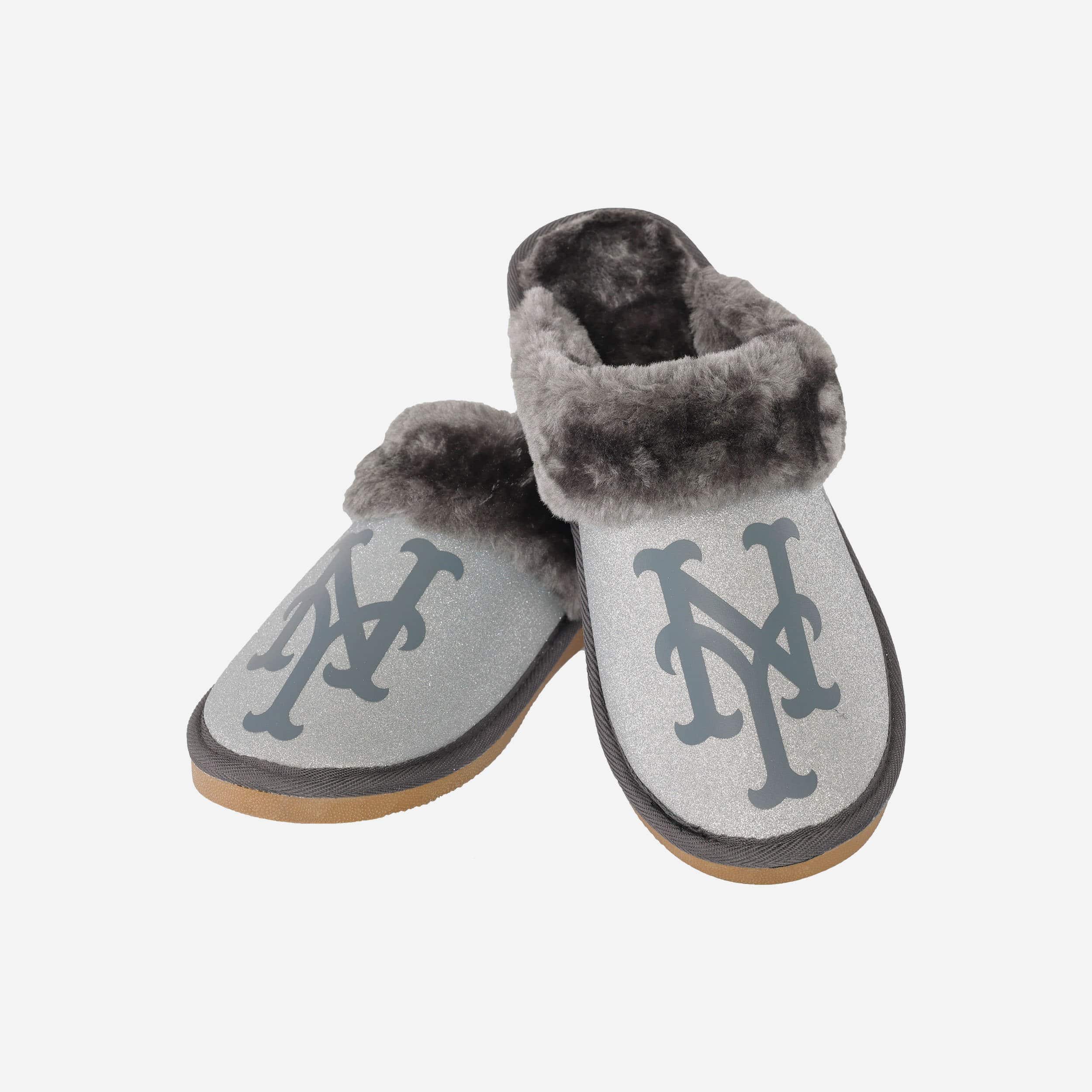 New York Mets Womens Glitter Open Back Fur Moccasin Slipper 4 New York Mets Womens Glitter Open Back Fur Moccasin Slipper