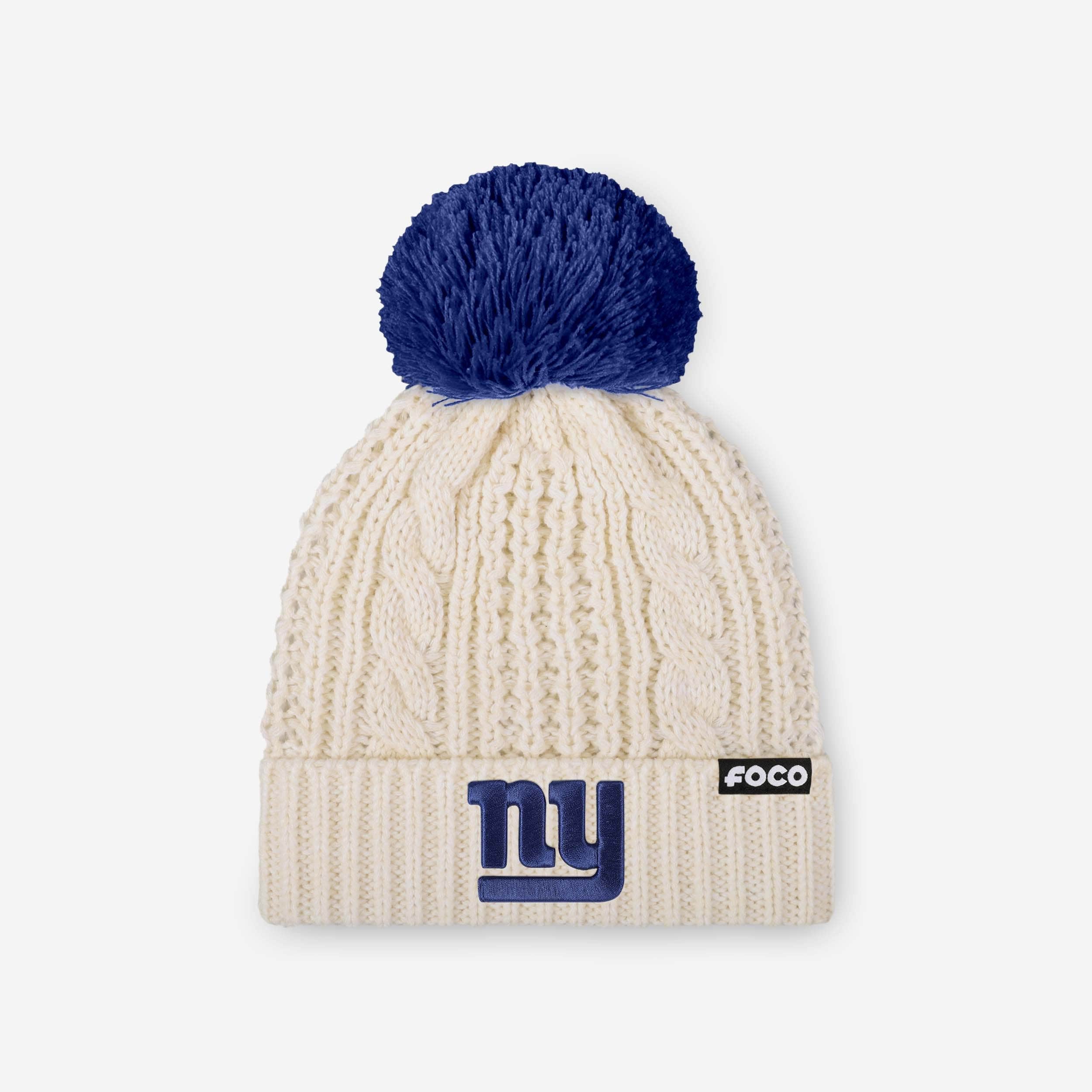 New York Giants Womens Primary Logo White Cable Knit Pom Beanie