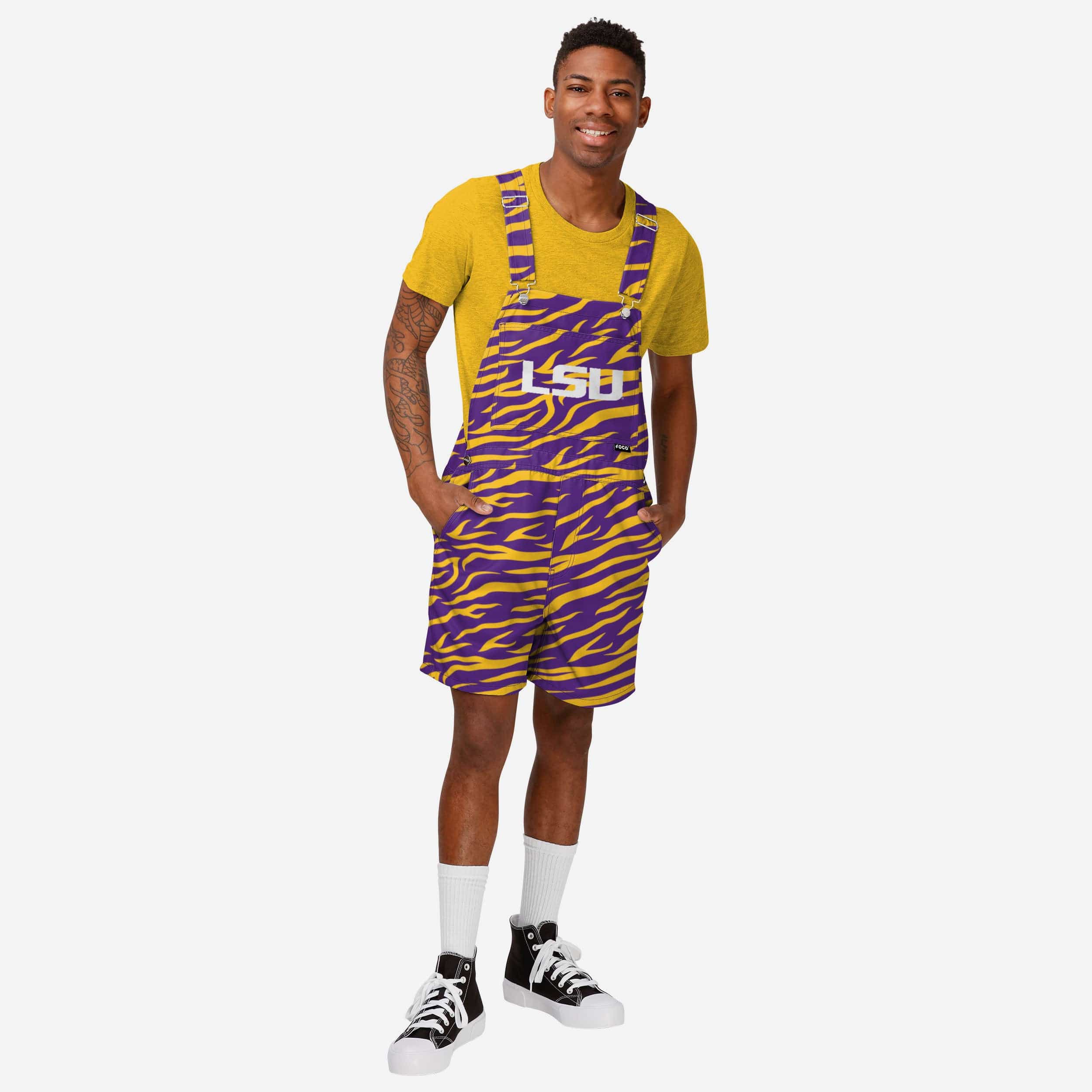LSU Tigers Mens Tiger Stripe Thematic Bib Shortalls 1 LSU Tigers Mens Tiger Stripe Thematic Bib Shortalls