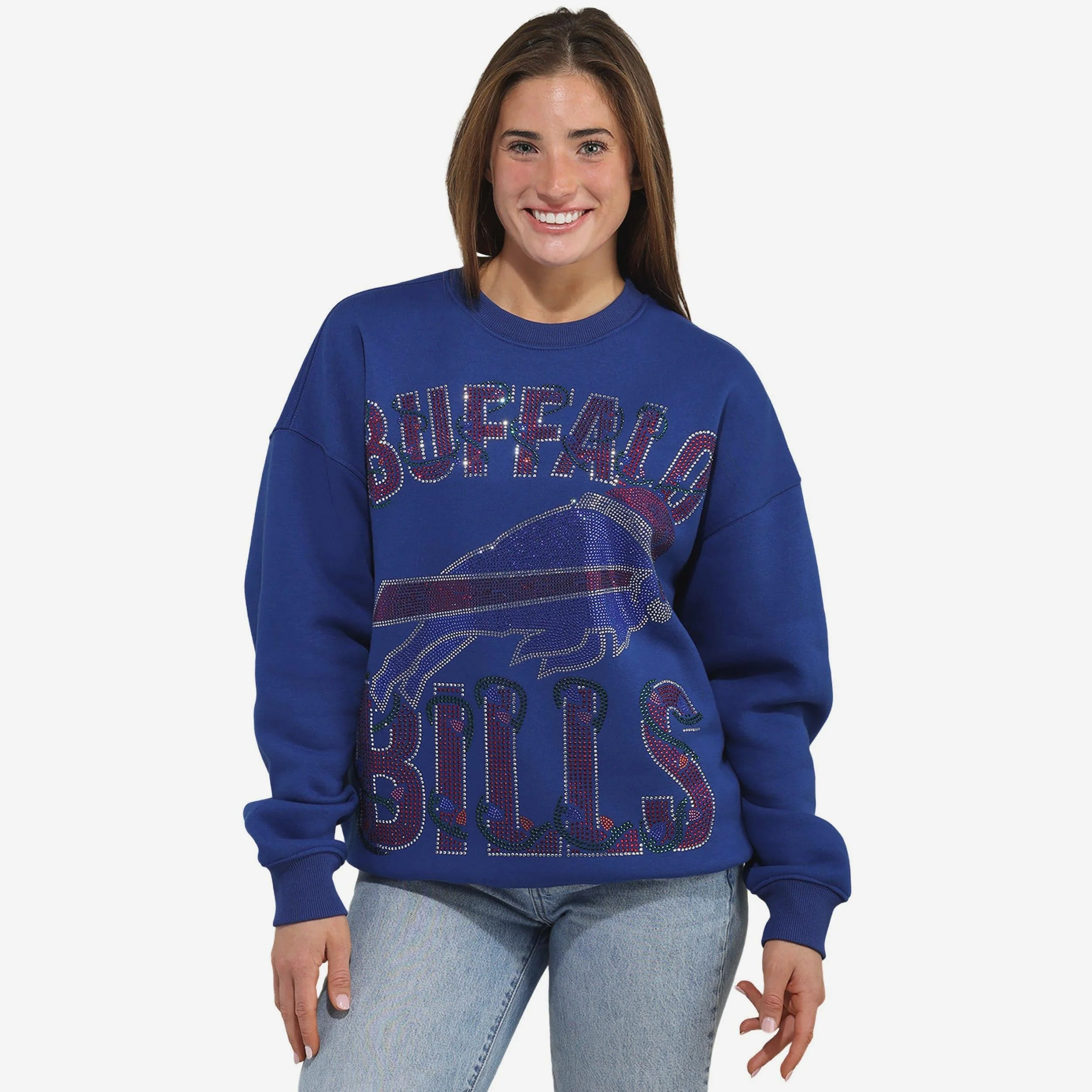 Buffalo Bills Womens Rhinestone Logo Oversized Holiday Crew Neck Sweatshirt