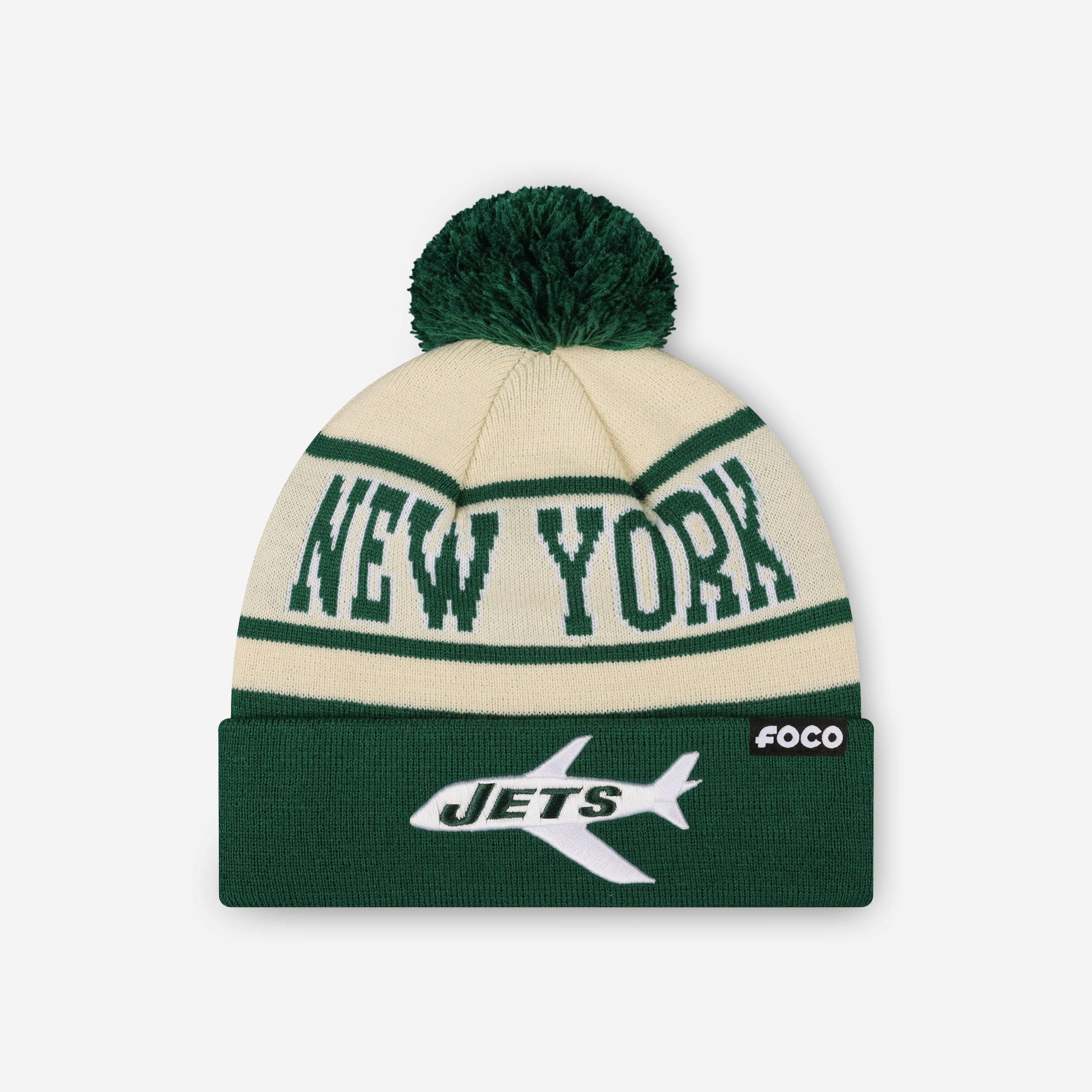 New York Jets Heritage Stripe Retro Logo Pom Beanie