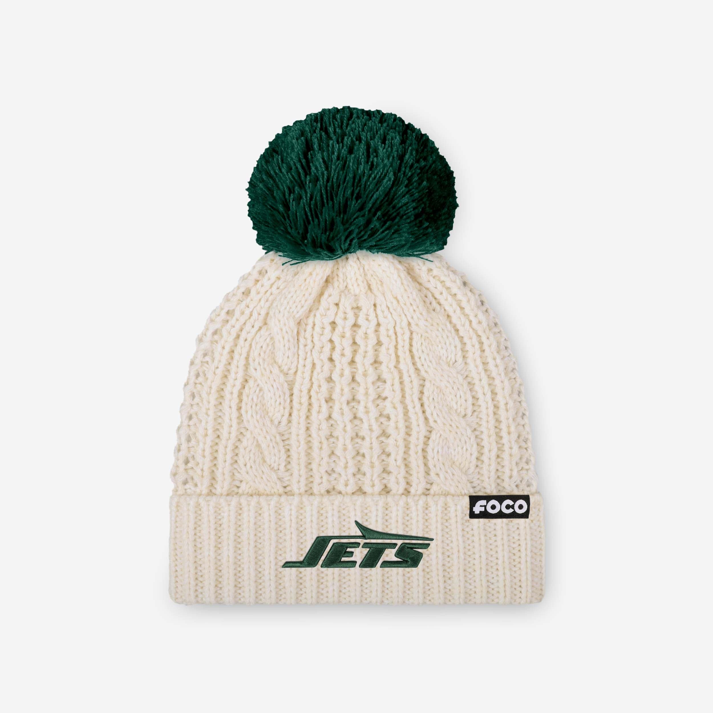 New York Jets Womens Primary Logo White Cable Knit Pom Beanie