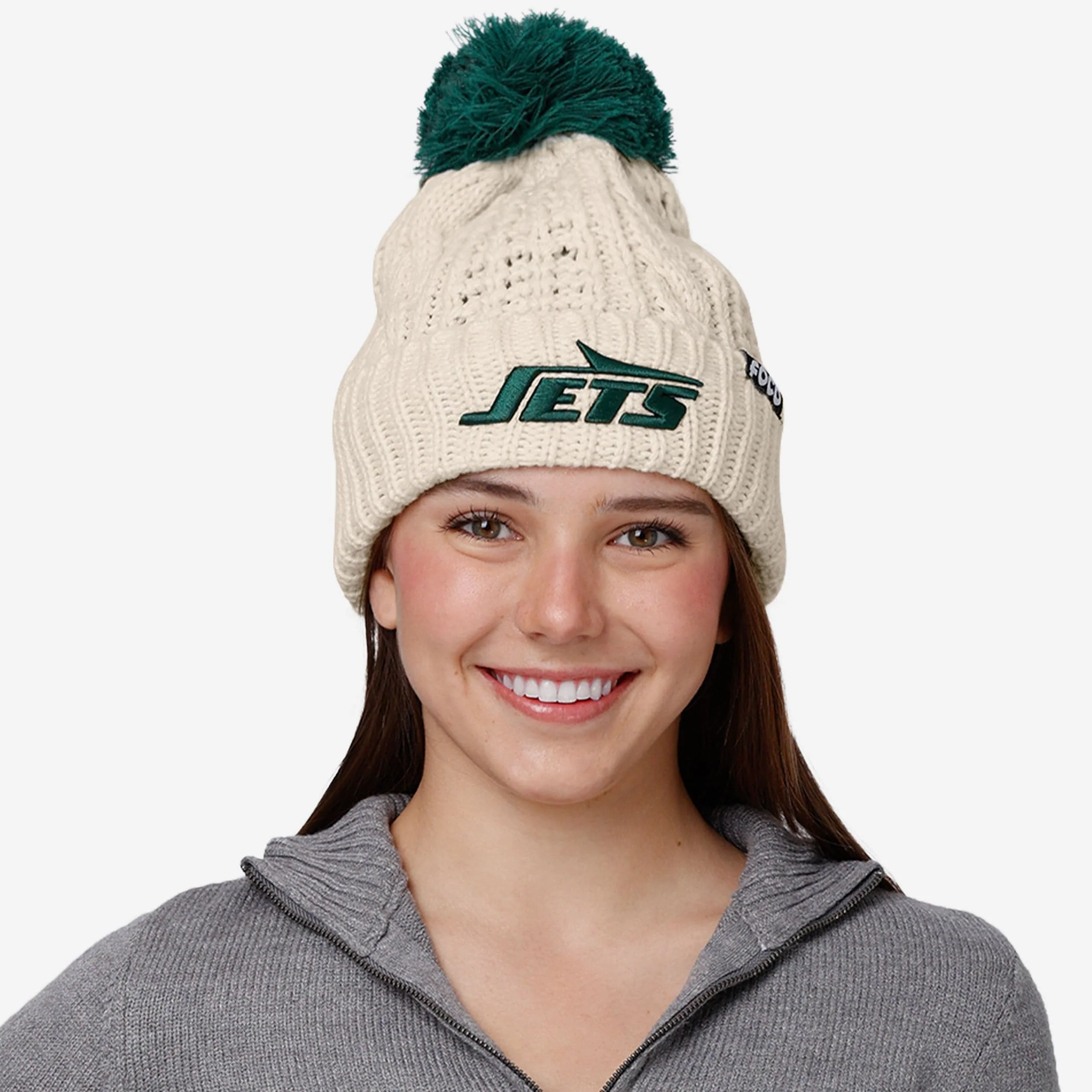 New York Jets Womens Primary Logo White Cable Knit Pom Beanie 3 New York Jets Womens Primary Logo White Cable Knit Pom Beanie