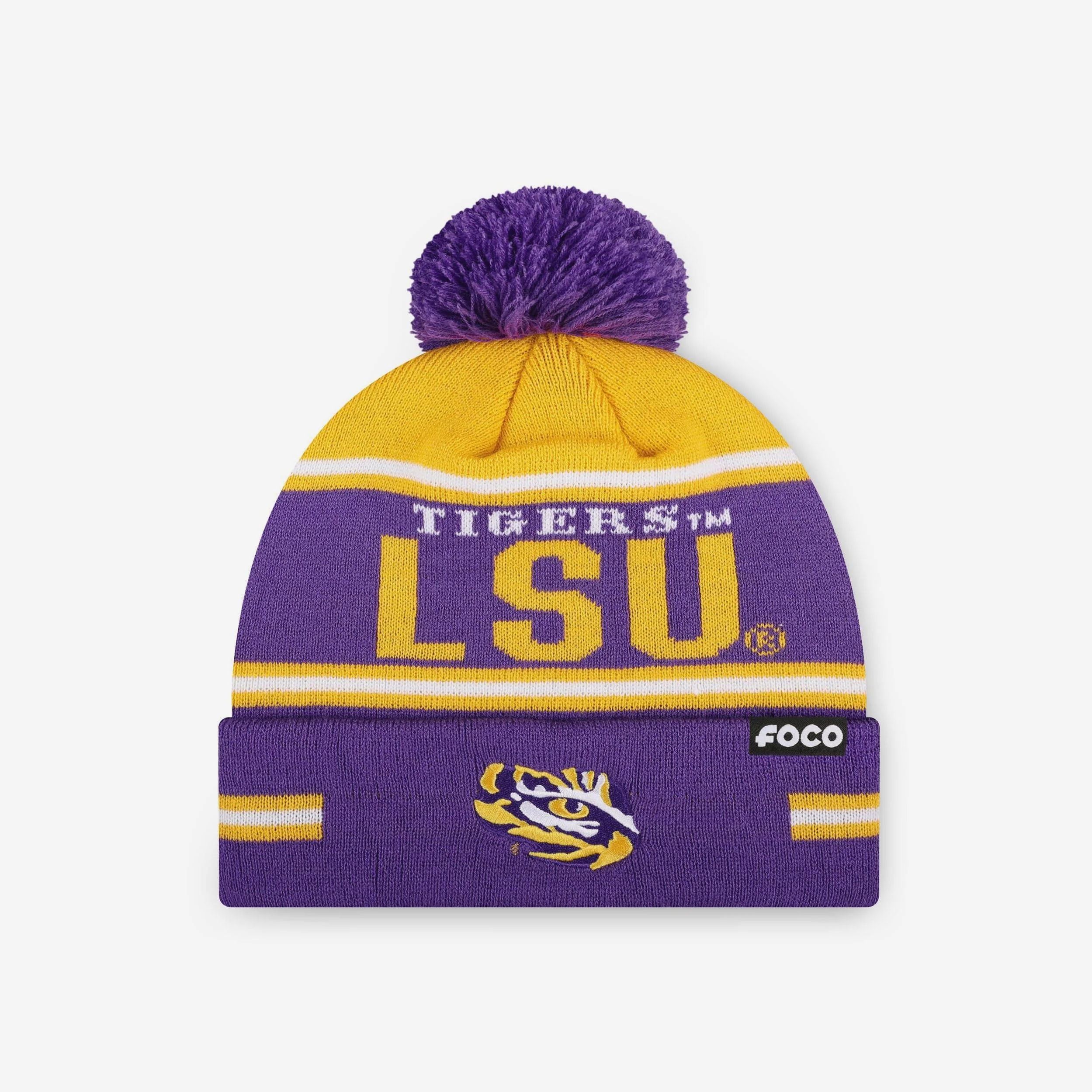 LSU Tigers Big Wordmark Stripe Pom Beanie