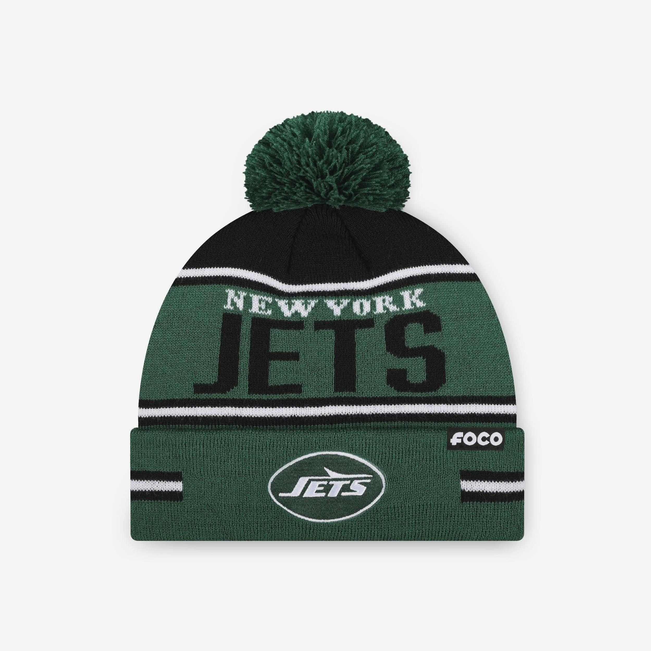 New York Jets Big Wordmark Stripe Pom Beanie