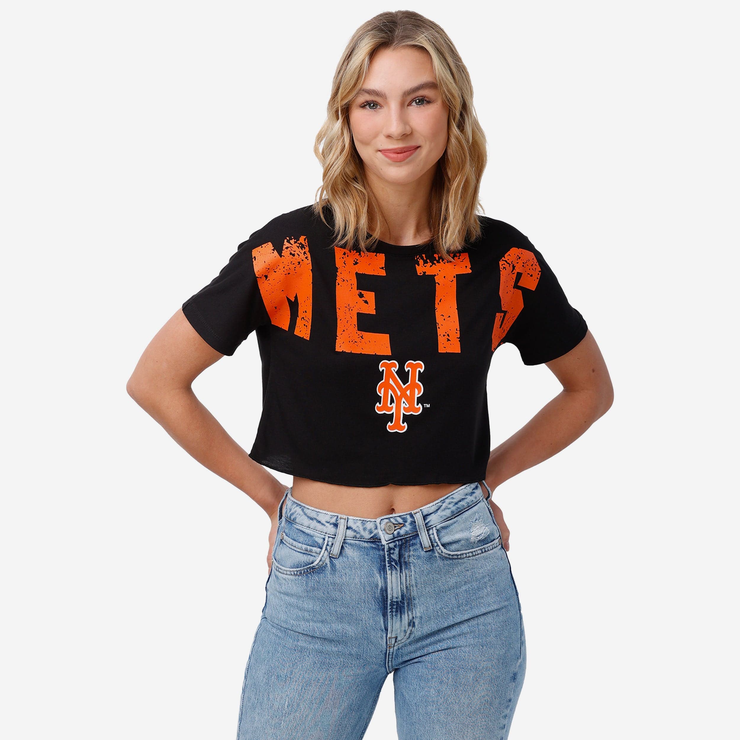 New York Mets Womens Petite Distressed Wordmark Crop Top 1 New York Mets Womens Petite Distressed Wordmark Crop Top