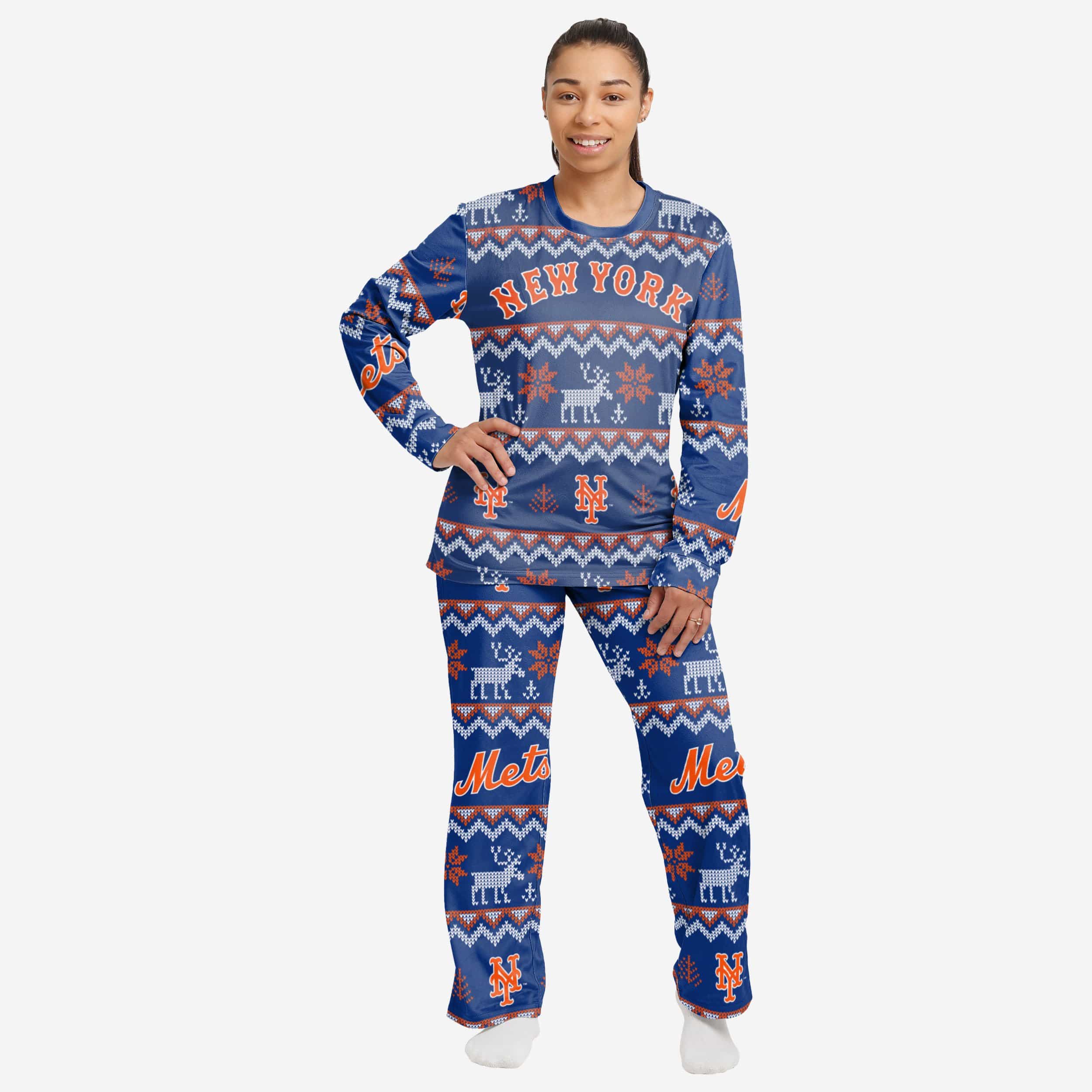 New York Mets Womens Ugly Pattern Family Holiday Pajamas 1 New York Mets Womens Ugly Pattern Family Holiday Pajamas