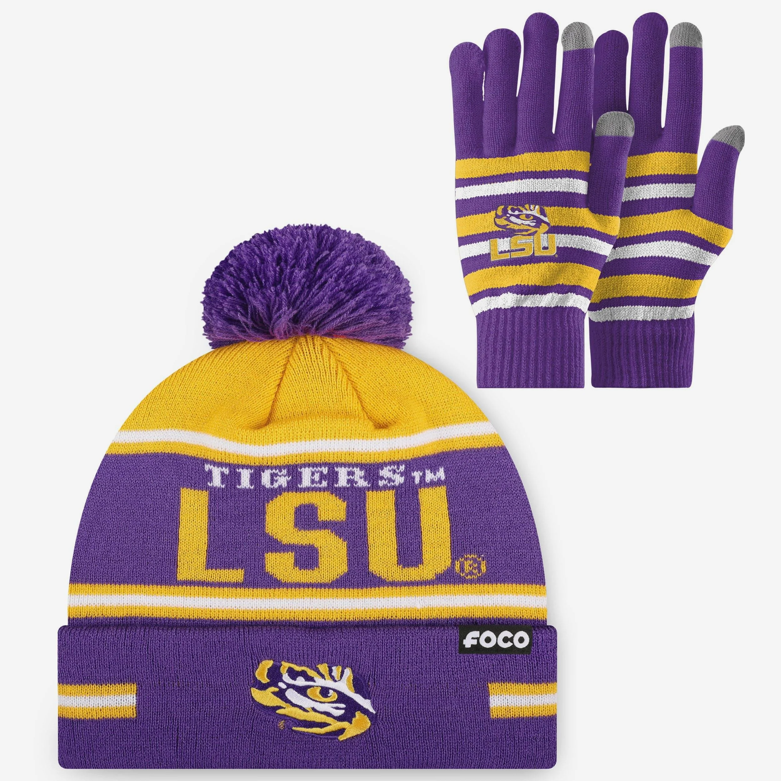 LSU Tigers Stretch Glove & Big Wordmark Stripe Pom Beanie Set