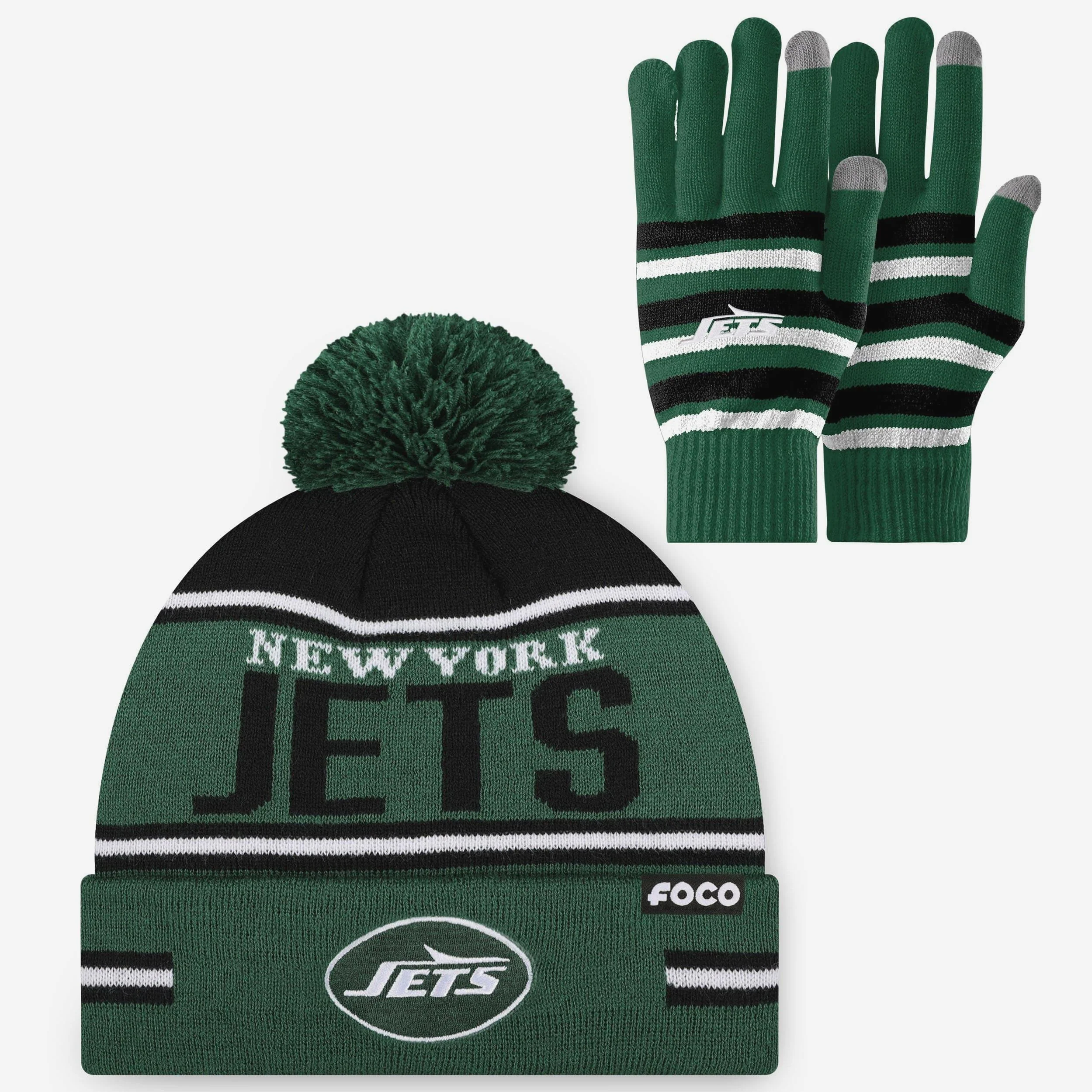 New York Jets Stretch Glove & Big Wordmark Stripe Pom Beanie Set